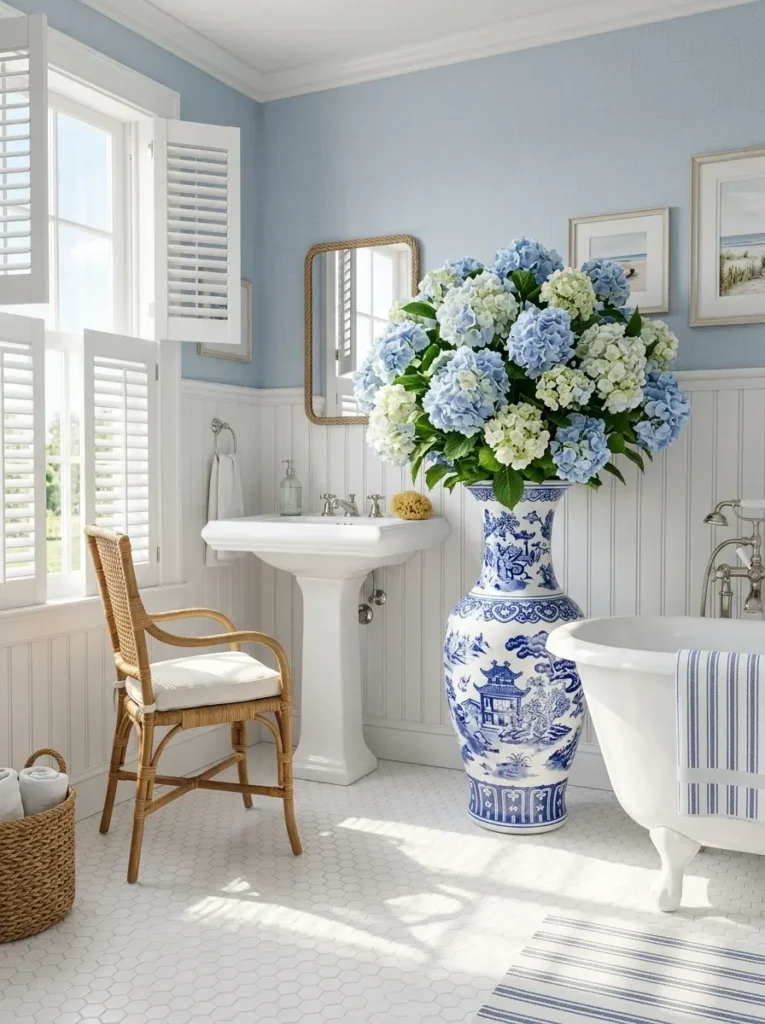 A large blue and white floor vase filled with hydrangeas next to a clawfoot tub.
