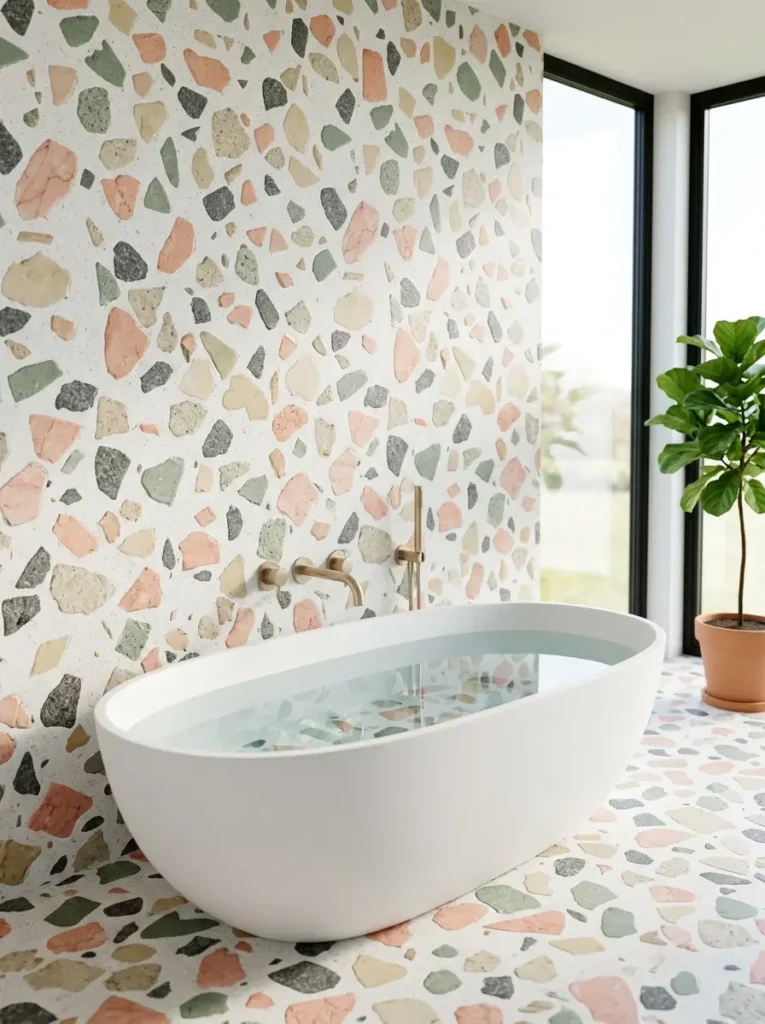 Modern bathroom featuring pastel terrazzo stone fragments and a white bathtub.