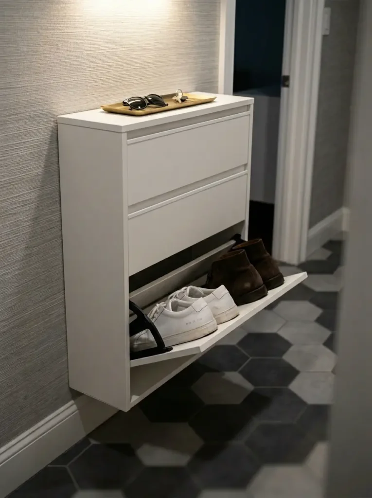 White slim vertical shoe cabinet with an open drawer revealing sneakers in a narrow hallway.