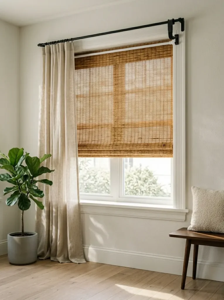 Woven bamboo blinds layered under long white linen curtains on a black rod