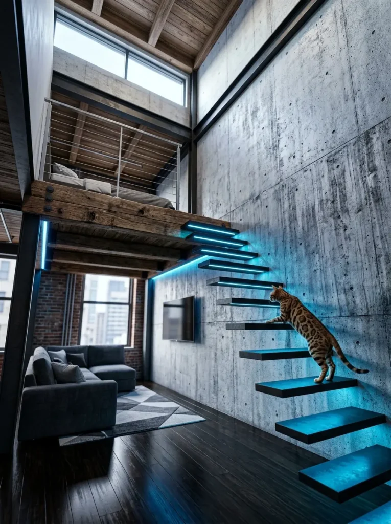 Black floating stairs with blue LED lighting attached to a concrete wall leading to a loft bed.