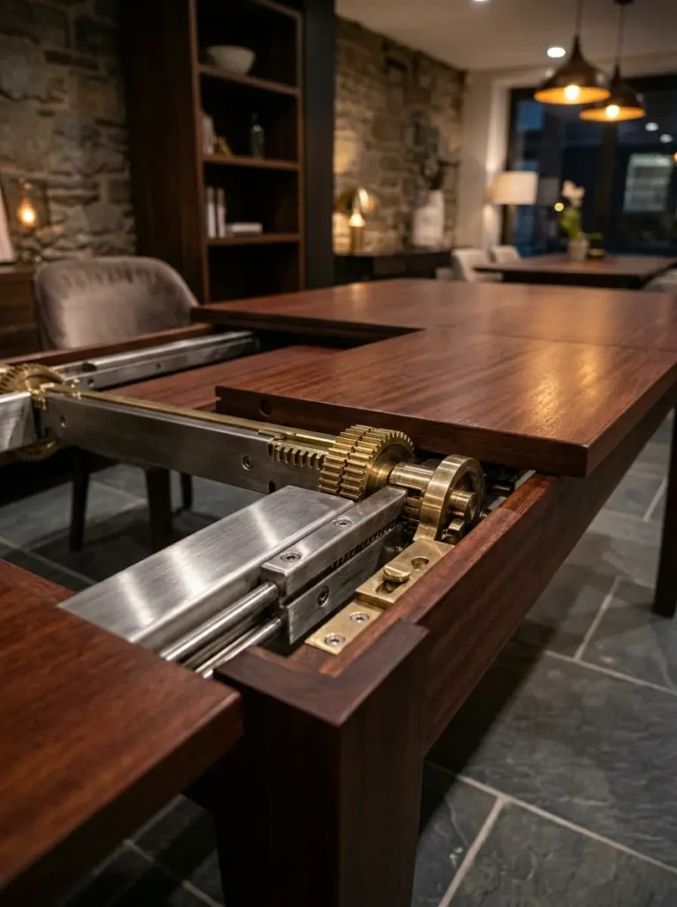 Exposed brass gears on a dark wood expanding dining table