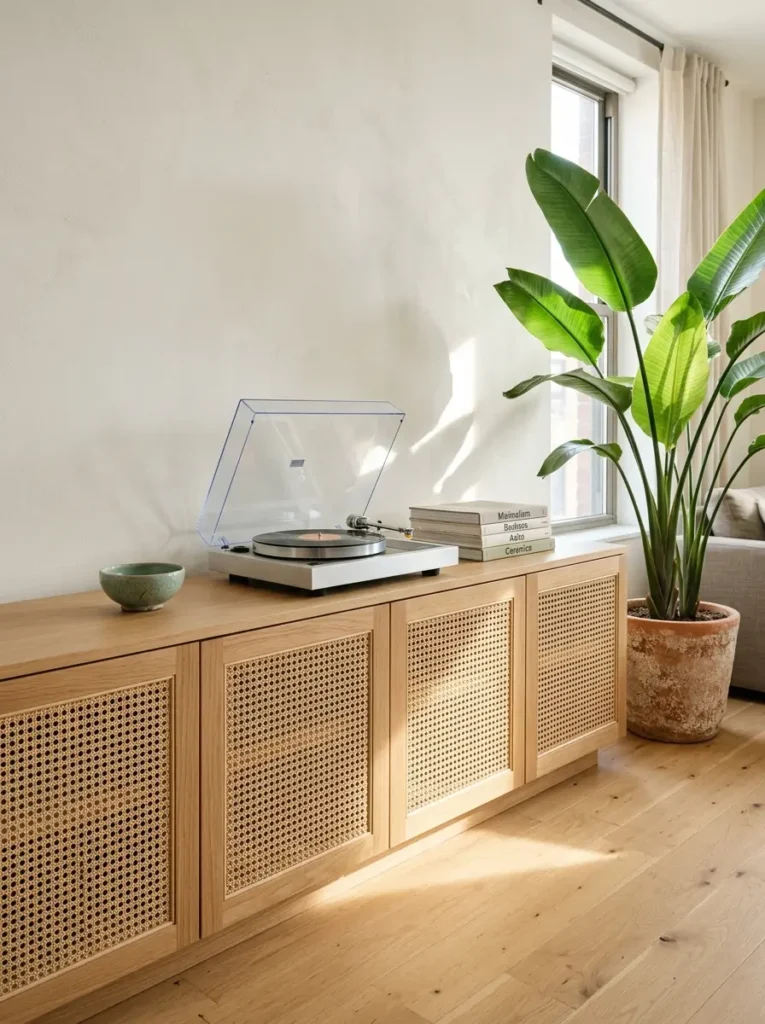 Rattan Console Cabinet Light oak console cabinet with woven rattan doors holding a record player and books.