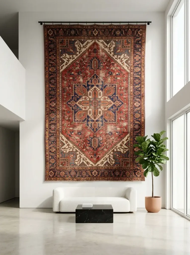 Vertical Vintage Rug Wall Tapestry Massive vintage patterned rug hanging vertically on a tall white wall behind a low modern sofa.