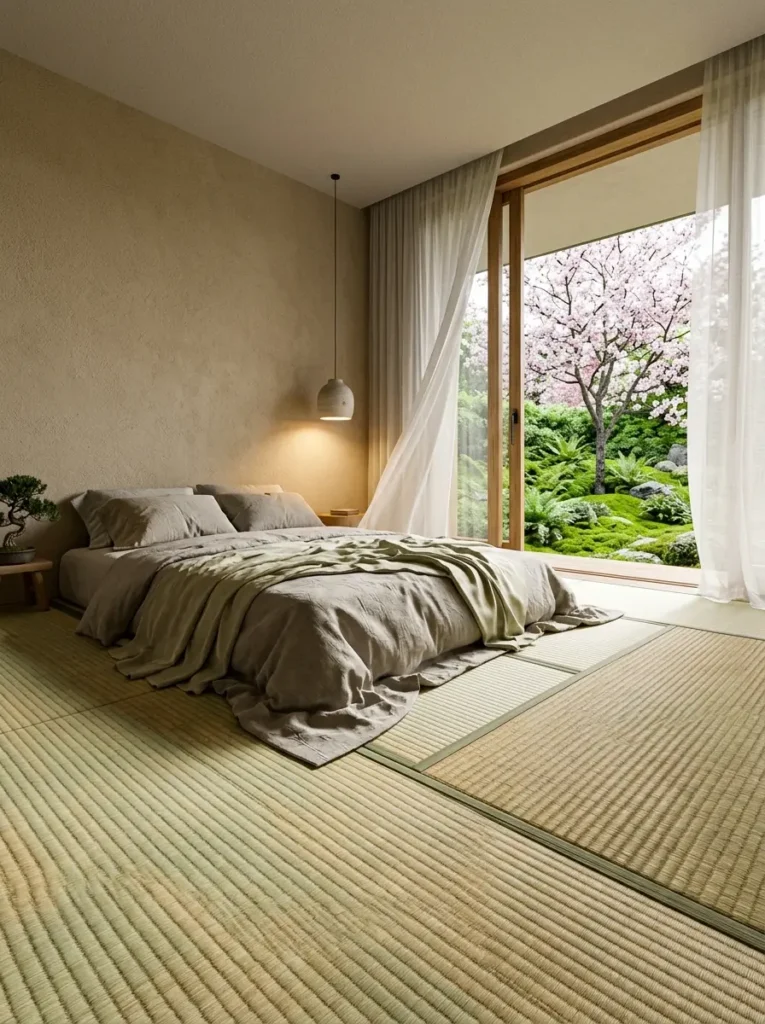 Minimalist floor bed on tatami mats with open doors showing a cherry tree.