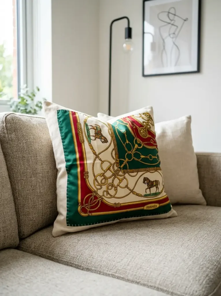 Vintage Silk Scarf Throw Pillow Throw pillow featuring a vintage equestrian silk scarf sewn onto a cream linen backing on a sofa.