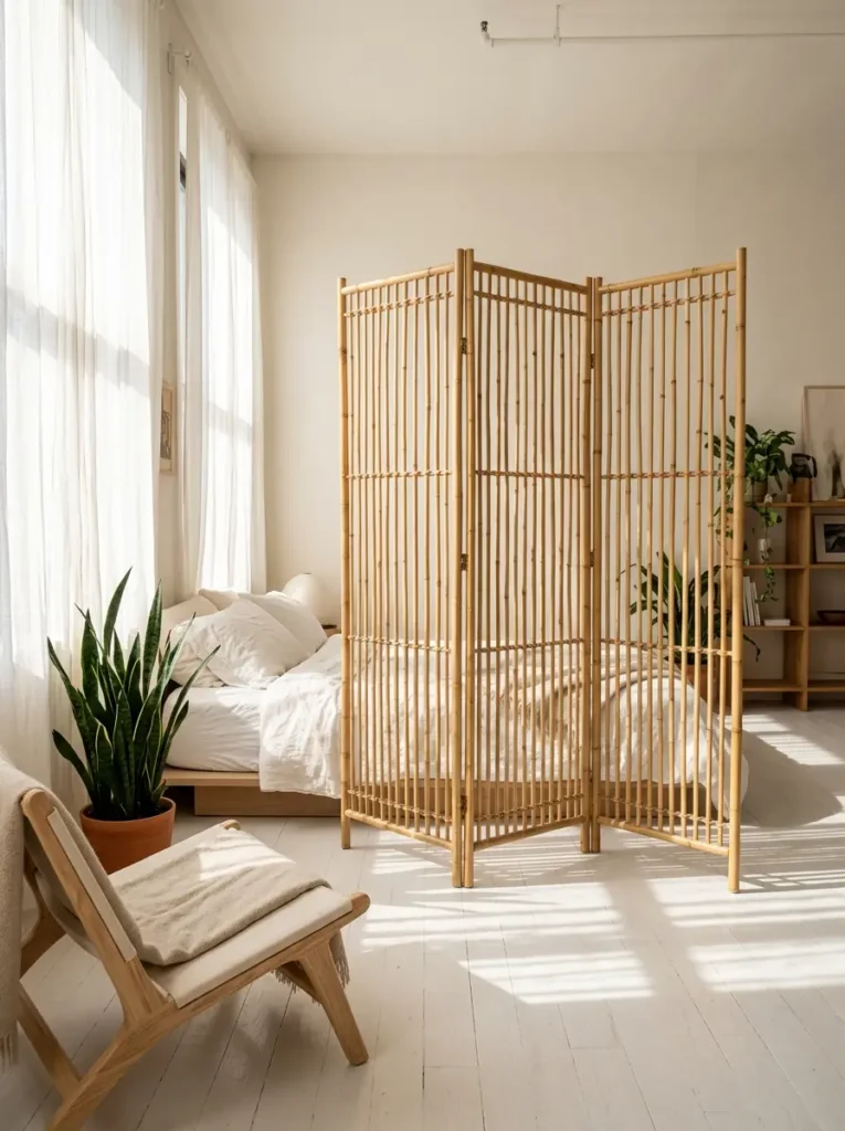 Three panel bamboo room divider in a bright bedroom.
