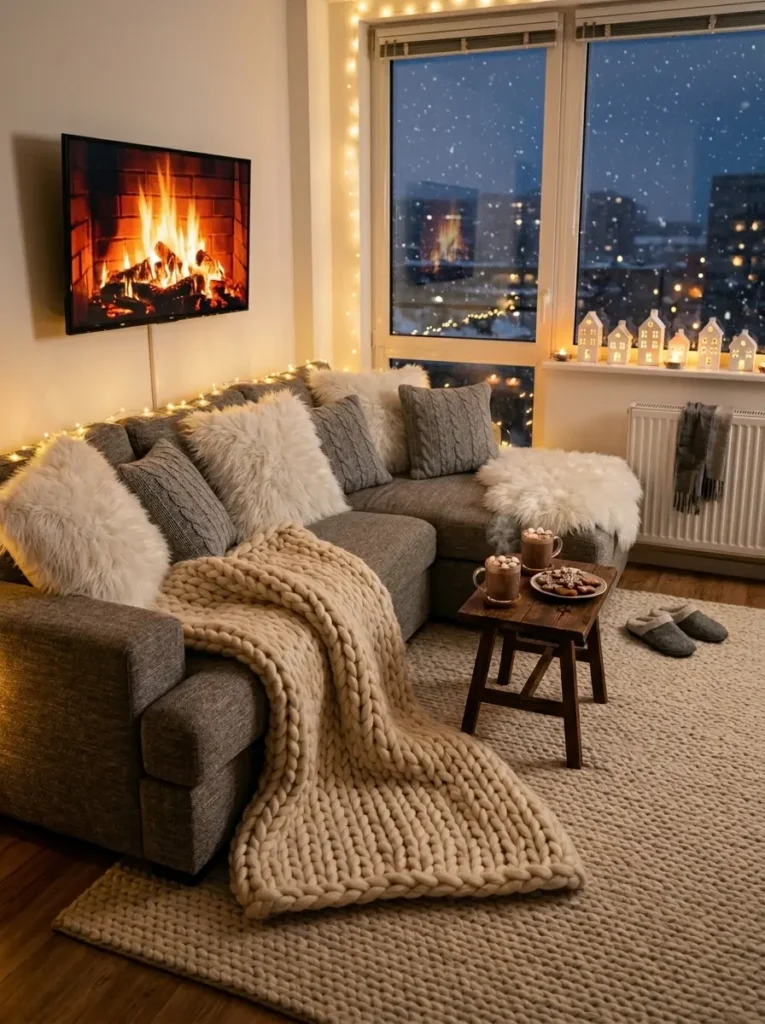 Gray sectional sofa covered in fluffy white pillows and chunky knit blanket near large window showing falling snow