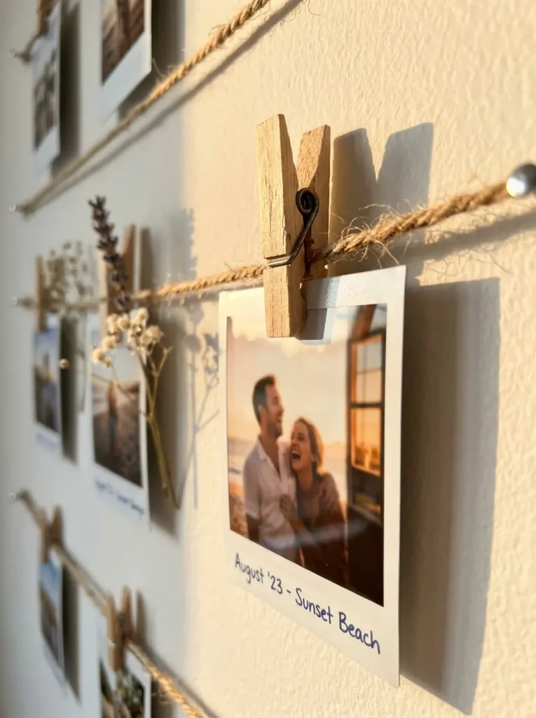 Rustic twine stretched across a wall holding photos with wooden clothespins