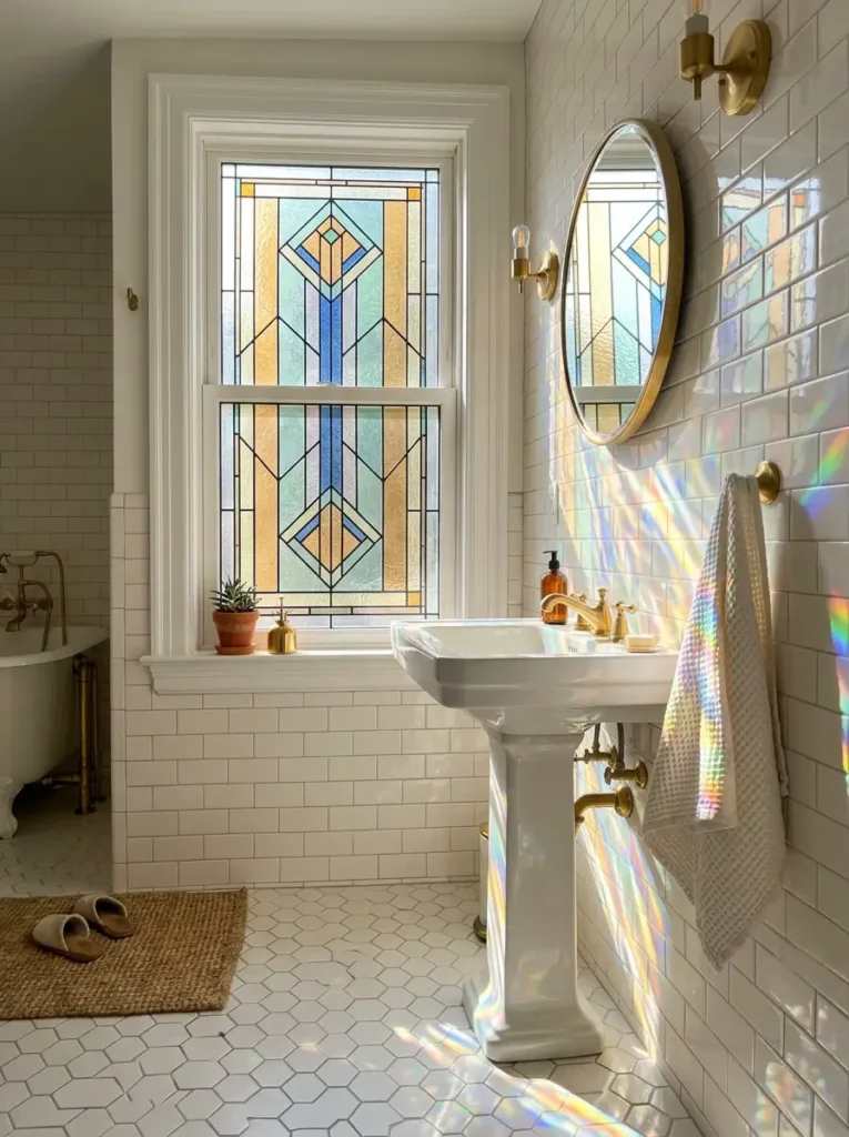 Faux Stained Glass Bathroom Window Sunlight shining through decorative faux stained glass window film casting colorful prisms in a bathroom.