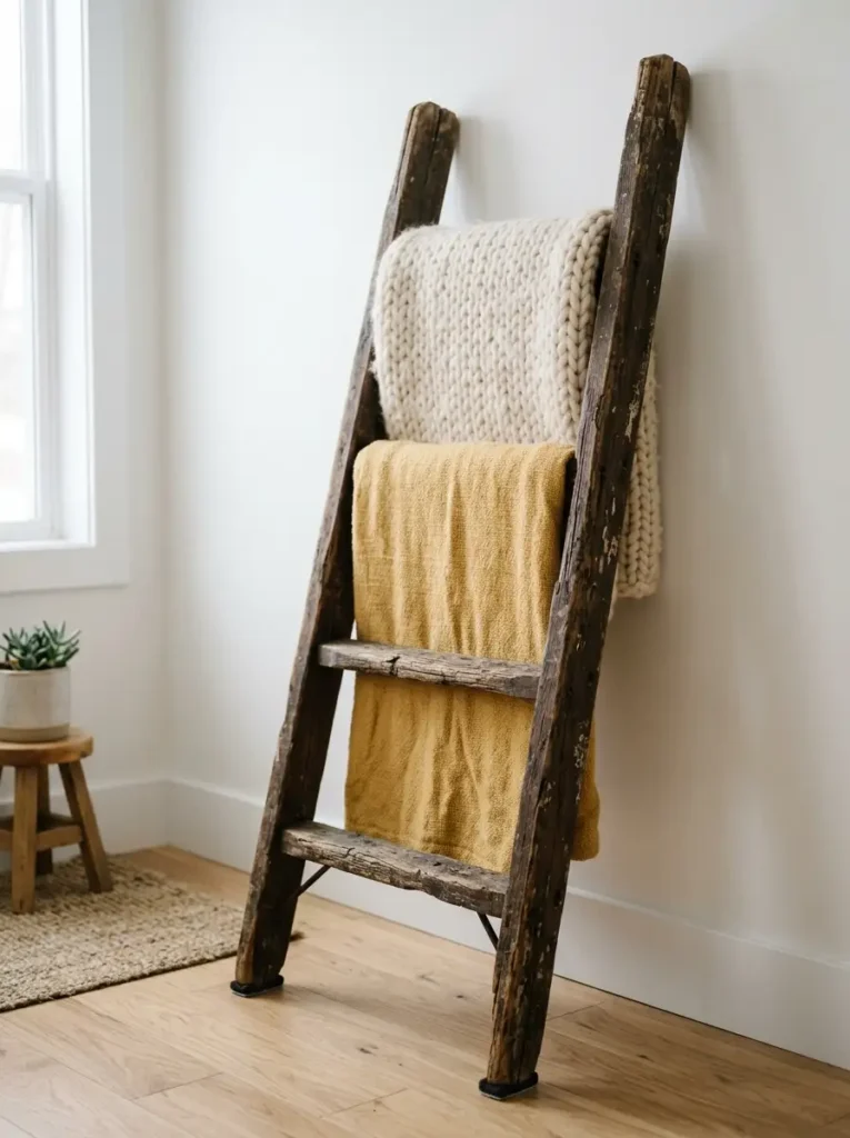 Weathered Wood Leaning Ladder | StylishGalore Old weathered wooden ladder leaning against a white wall holding soft knit throws