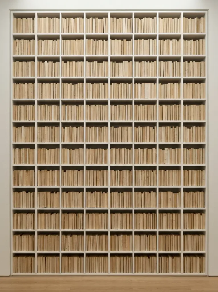 Uniform Book Shelf Display Huge white bookshelf completely filled with books placed pages facing out for a monochromatic design.