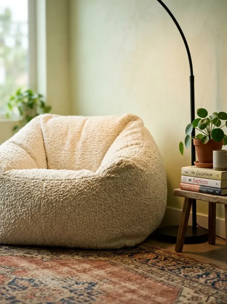 Textured Boucle Beanbag Chair Thick nubby boucle fabric beanbag chair placed next to a black floor lamp and small wooden stool