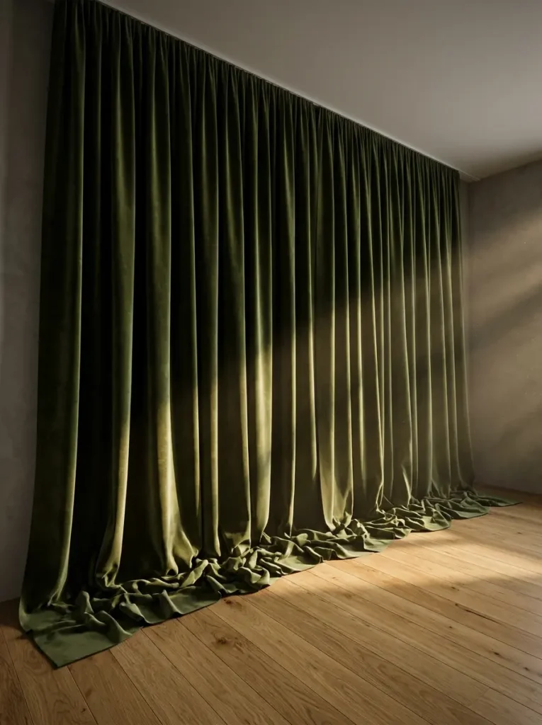 Moss green velvet curtains spanning an entire bedroom wall pooling on warm oak flooring.