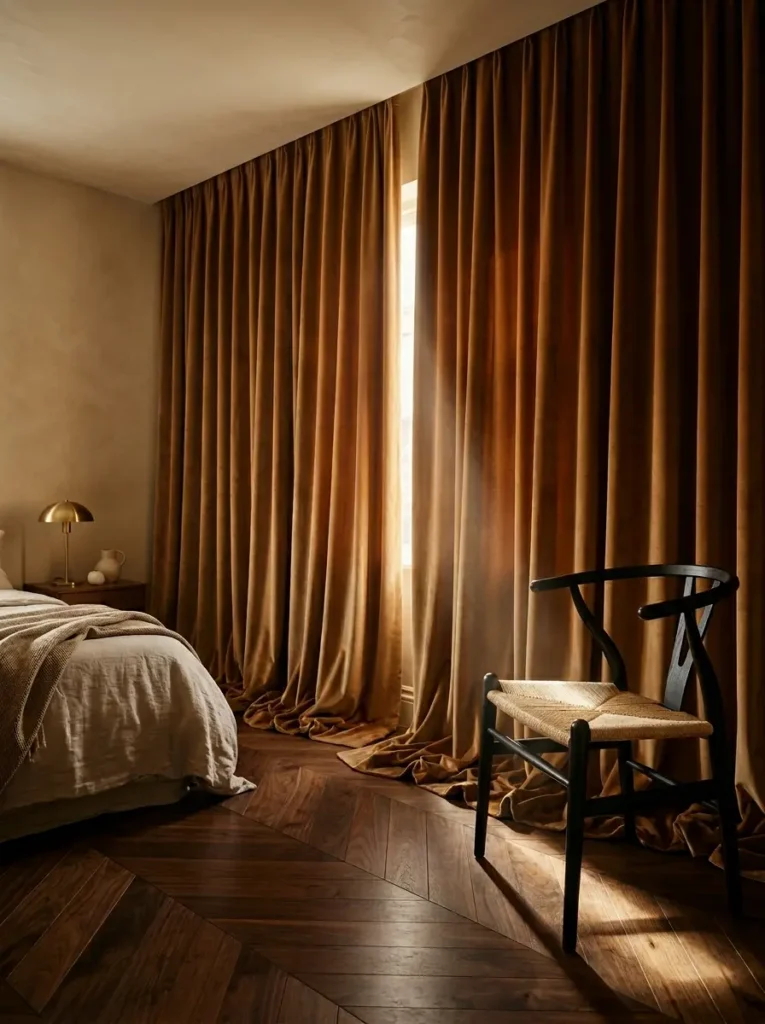 Heavy golden brown velvet curtains hanging high in a bedroom