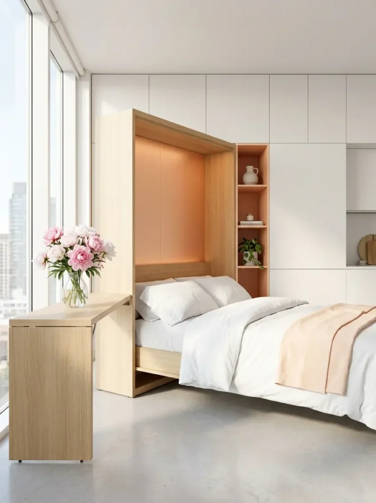 Fold down wooden wall bed with white cabinets and a folding desk holding a glass vase of pink peonies