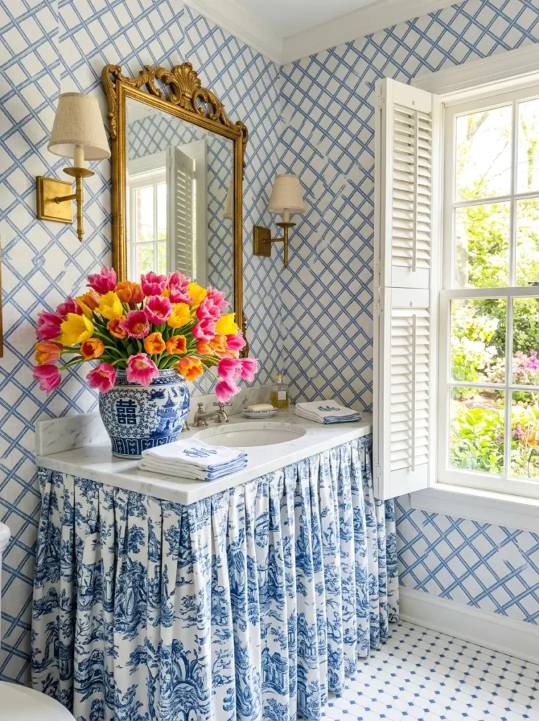 Blue trellis wallpaper and a fabric skirted vanity with pink and yellow tulips.