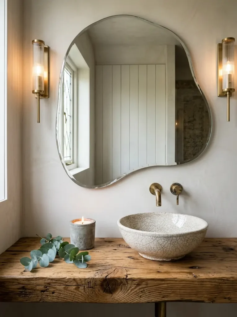 Thick reclaimed wood bathroom counter with a cracked glaze ceramic basin and brass fixtures.