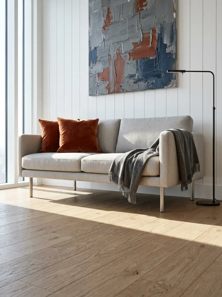 Pale gray linen open base slim sofa with stainless steel legs in a sunlit living room.