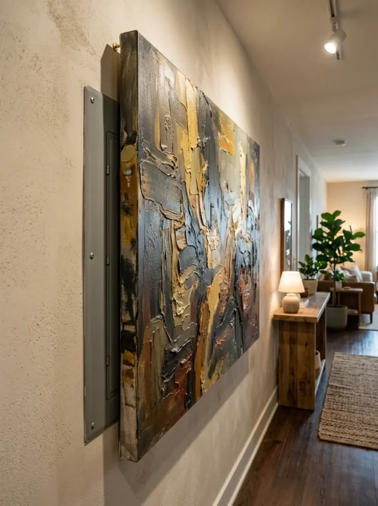 Large textured abstract painting floating slightly off a wall to hide an electrical box