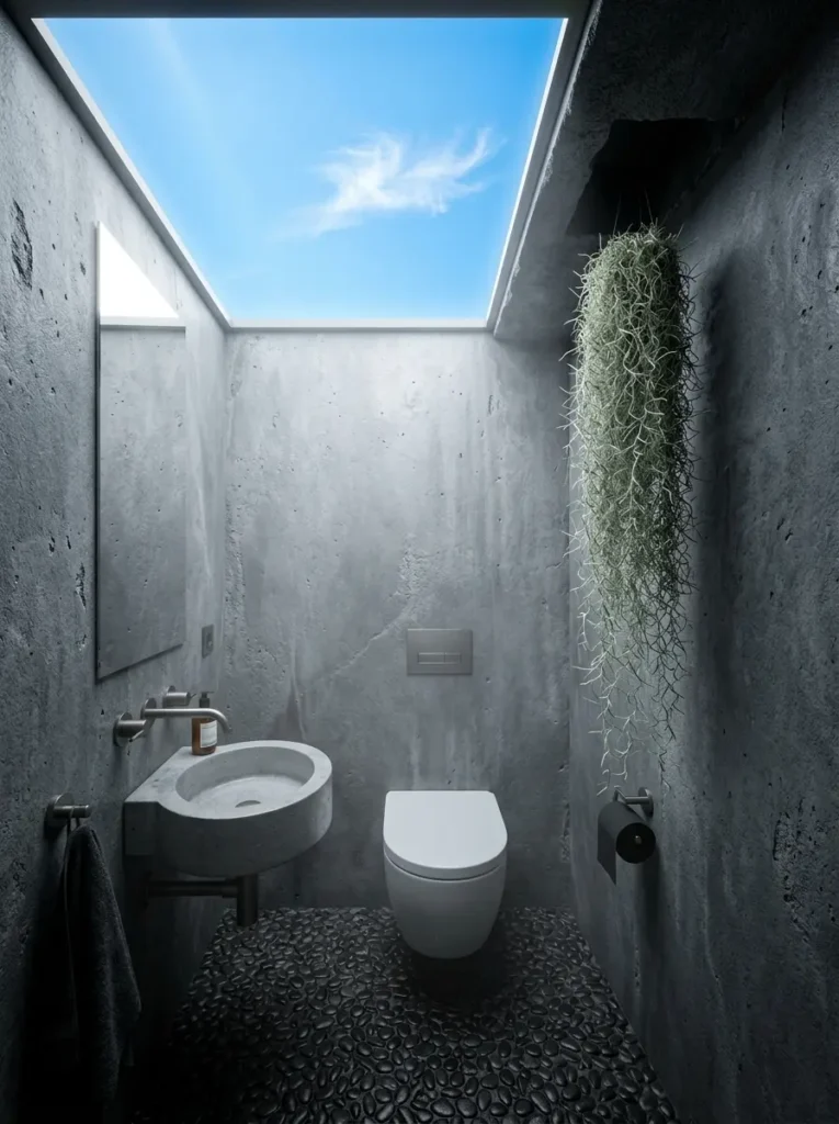 Windowless concrete bathroom illuminated by a large LED panel showing a blue sky and clouds.