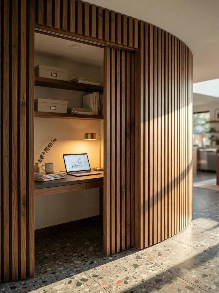 Curved slatted wood wall slides open to reveal a hidden desk