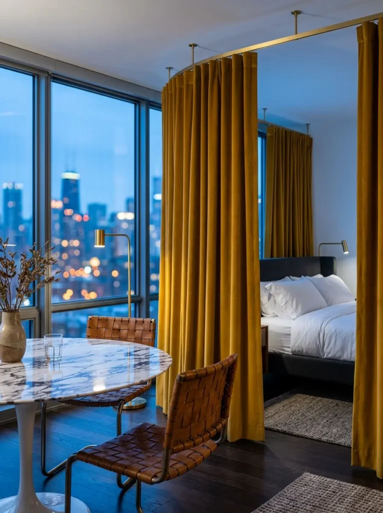 Ceiling Mounted Curtain Divider Ceiling mounted track holding mustard yellow velvet curtains to separate a bed from a dining area.
