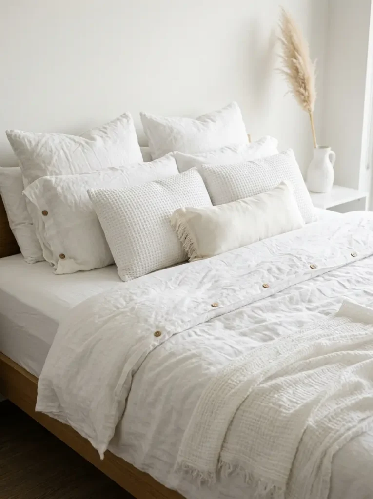 Crisp white bedding with textured waffle pillows and wooden buttons.