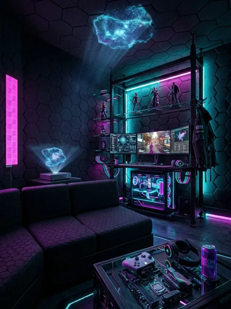 Black modular couch facing gaming setup with dual monitors and bright pink and cyan neon lighting in futuristic apartment