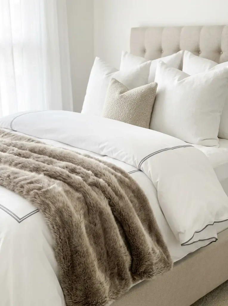 Faux Fur Bedroom Throw Blanket Soft warm taupe faux fur throw blanket resting on a bed with white cotton sheets.