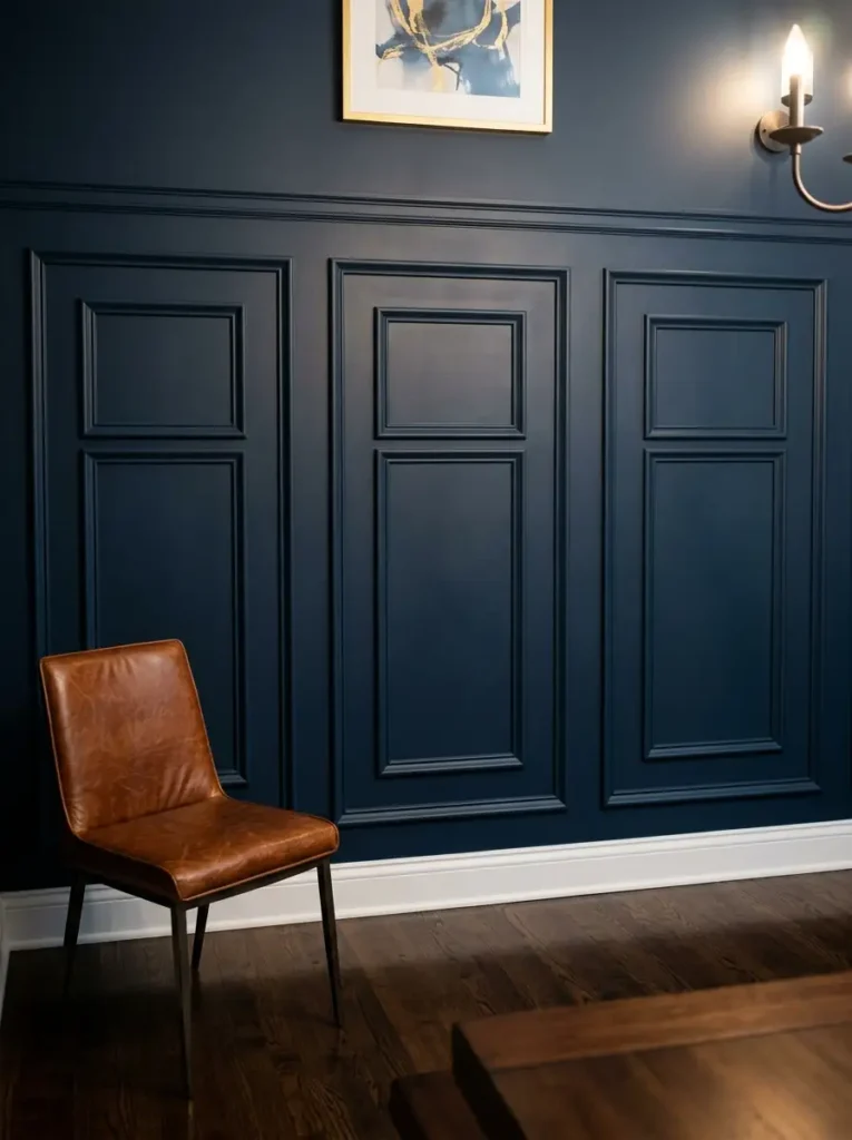 Faux Panel Molding Details | StylishGalore Dark navy wall featuring applied geometric panel molding next to a cognac leather chair