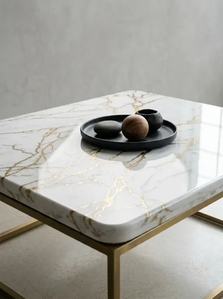 Faux Marble Accent Table White faux marble accent table with gold veining holding a black decorative tray.