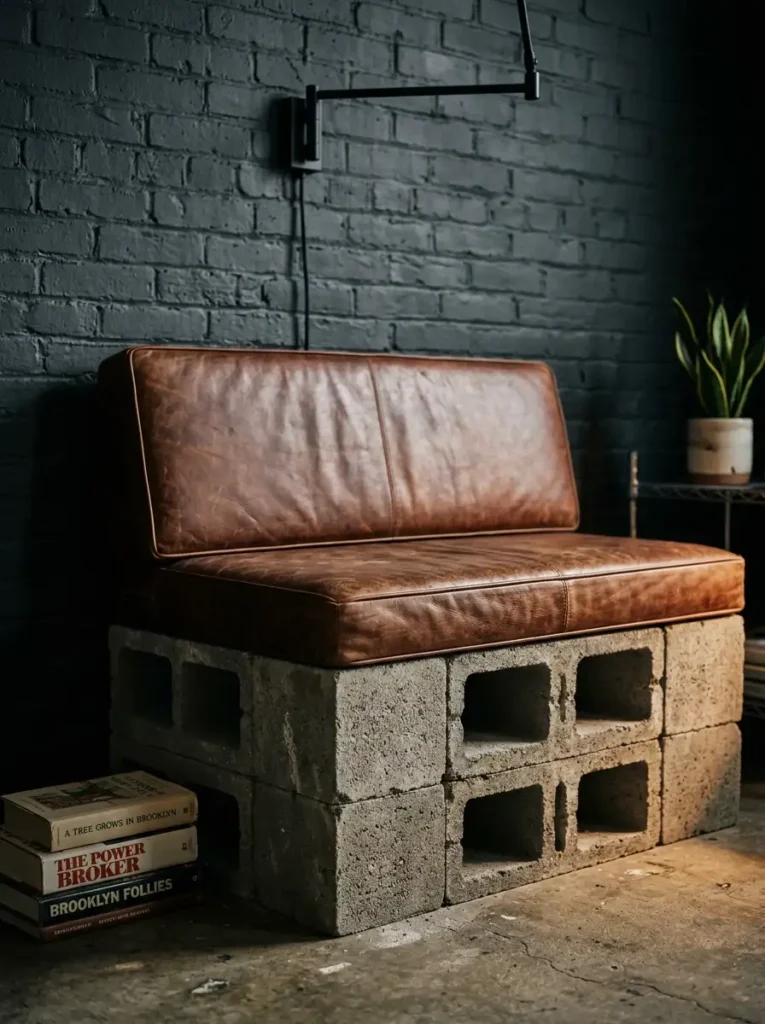 Concrete Cinder Block Leather Bench Industrial seating bench made from stacked concrete cinder blocks topped with a brown leather cushion
