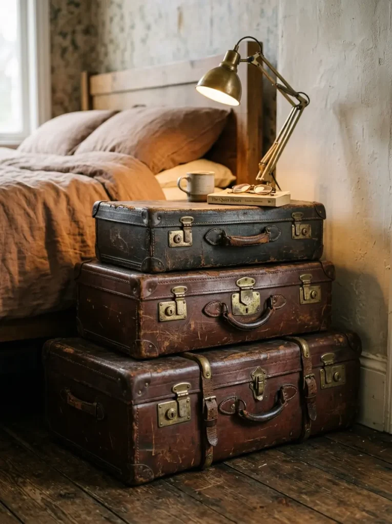 Three distressed brown leather vintage suitcases stacked to form a rustic bedside table.