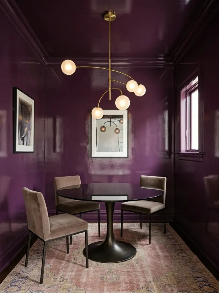 Dark plum glossy painted ceiling and walls in a small dining corner