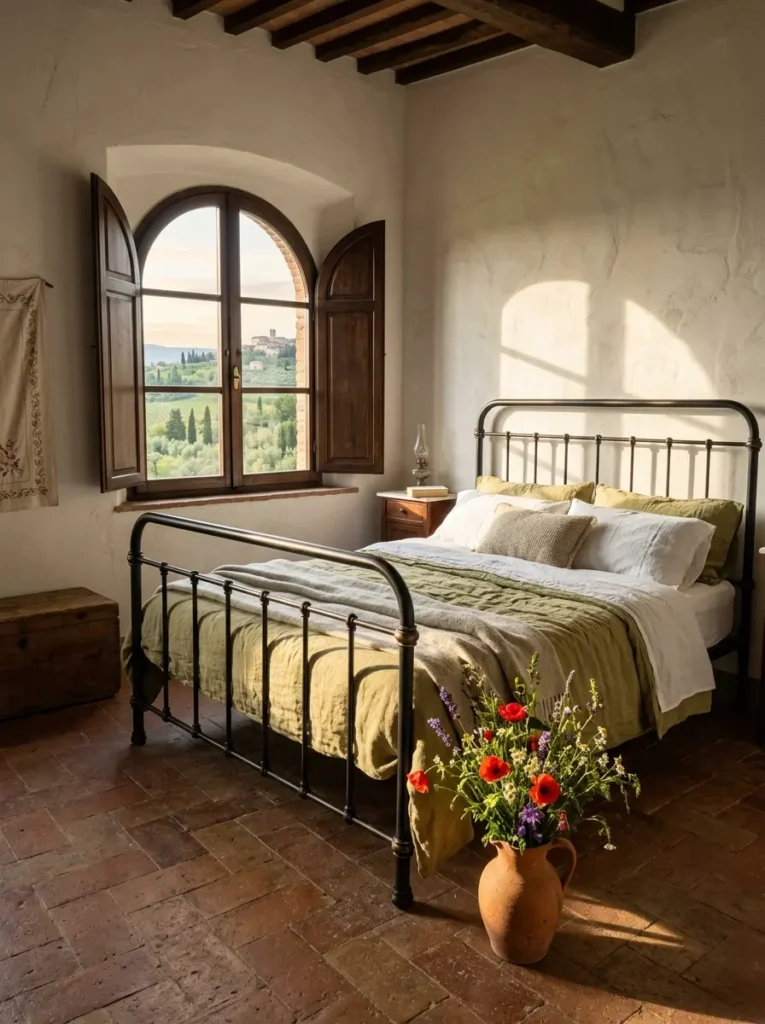 Vintage dark metal bed with green sage bedding on terracotta tiles overlooking a green countryside through open arched windows