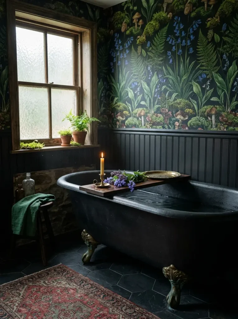 Moody dark bathroom with botanical wallpaper featuring ferns and mushrooms.