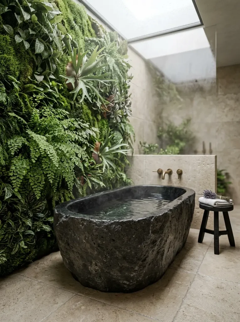 Black raw stone bathtub positioned against a lush green fern living wall under a skylight.