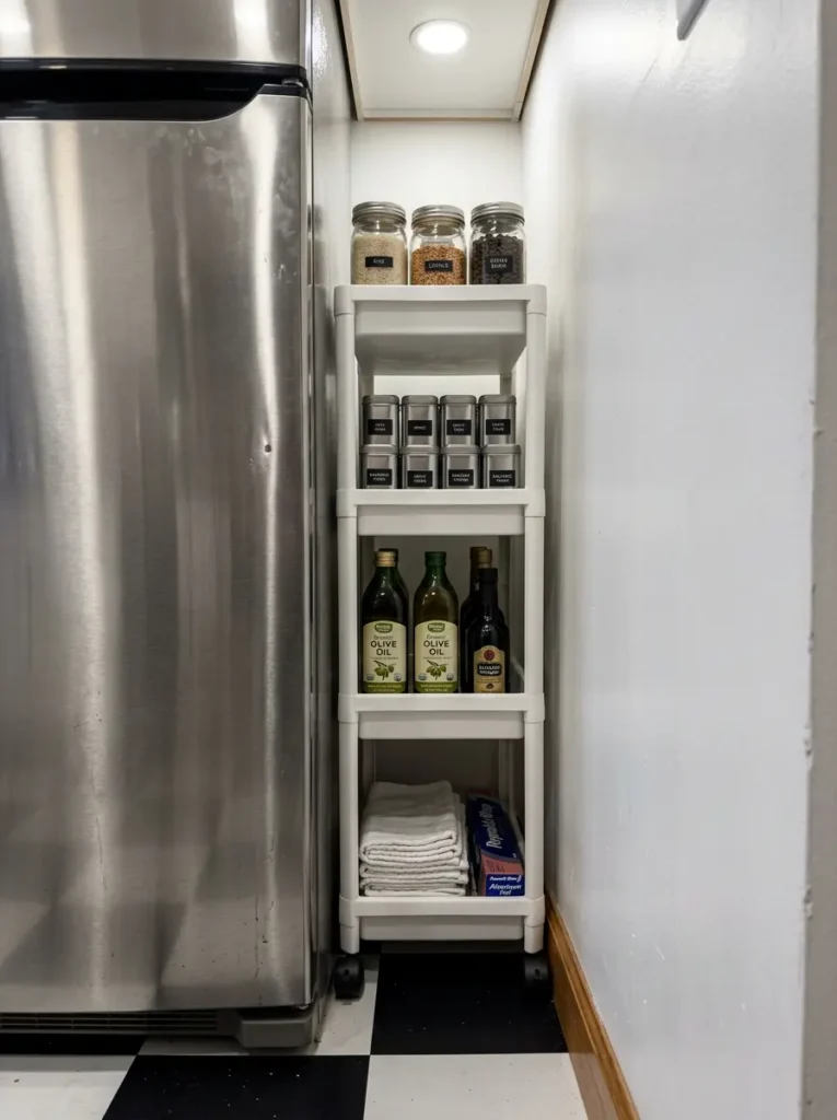 Narrow white rolling utility cart filled with kitchen supplies squeezed next to a refrigerator.