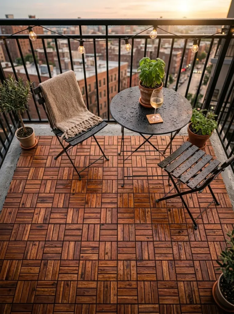 Square wooden deck tiles covering a balcony floor under a small bistro table