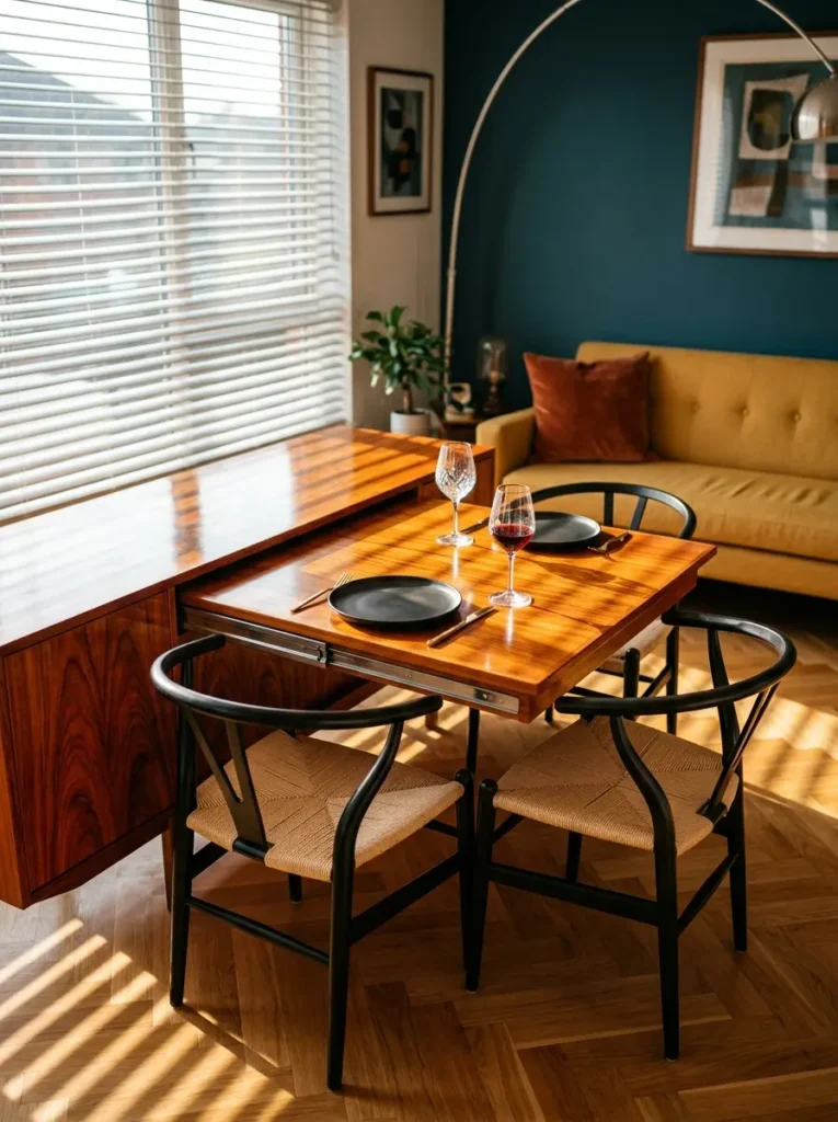 Glossy wooden dining table extending directly out of a matching storage credenza with black chairs.
