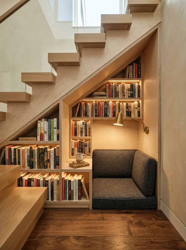 Custom wooden bookshelves built neatly under an angled staircase