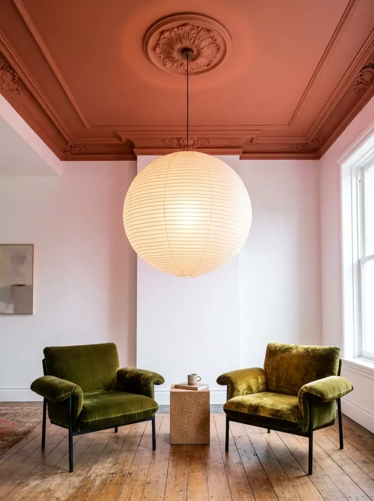 Painted Ceiling And Paper Lantern Large round paper lantern hanging from a terracotta painted ceiling above two green velvet chairs.