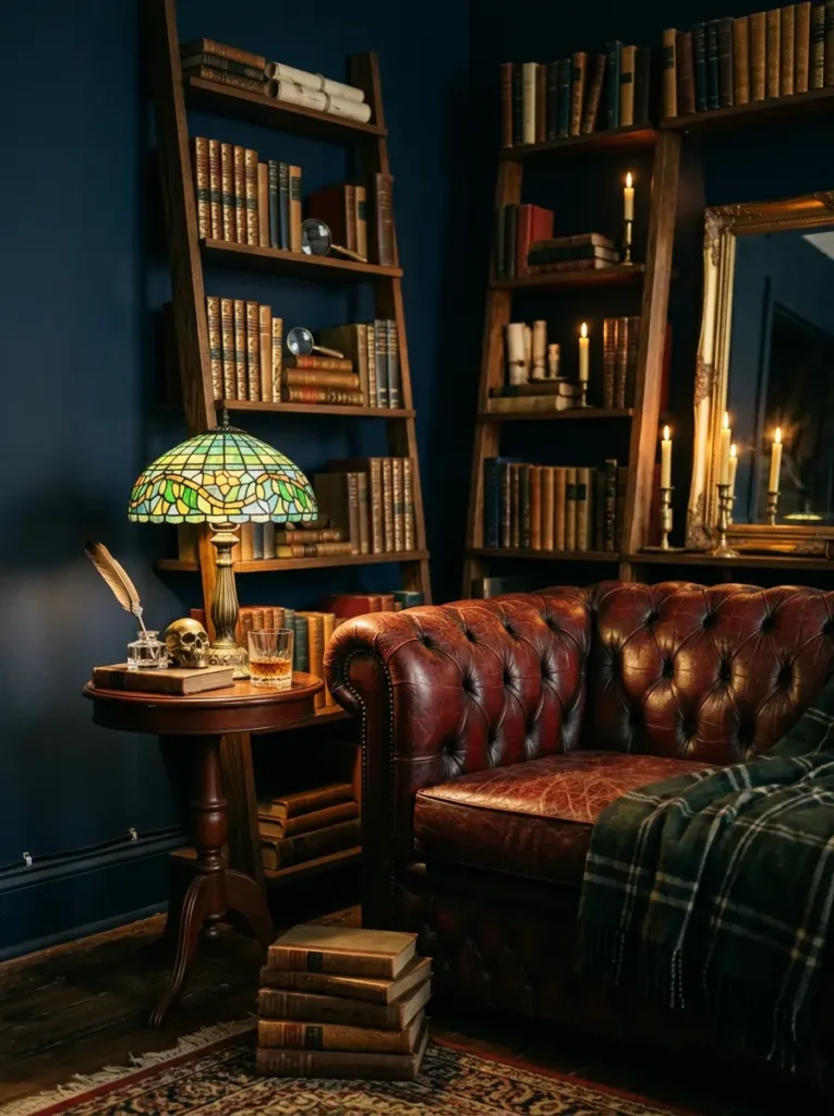 Deep red leather tufted couch next to tall wooden ladder bookshelves filled with vintage books in dark navy blue apartment