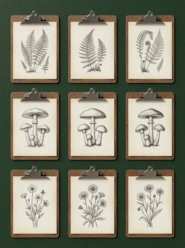 Nine office clipboards mounted on a green wall displaying botanical plant drawings