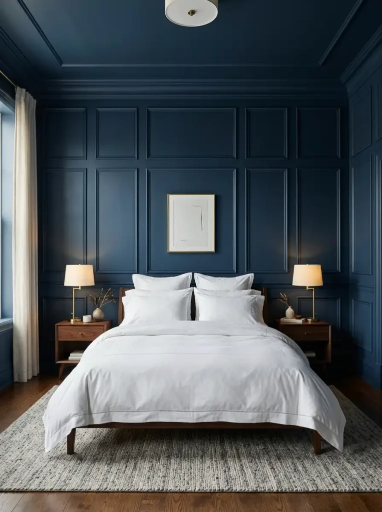 Dark Navy Picture Frame Wall Molding Bedroom wall featuring decorative picture frame molding painted in a dark moody navy blue color.