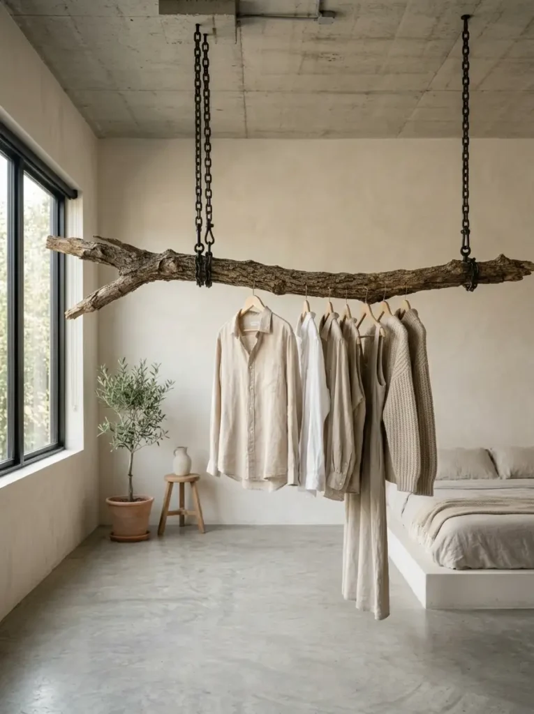 Suspended Branch Clothing Rack | StylishGalore Dried tree branch suspended from a concrete ceiling by steel chains holding neutral clothing
