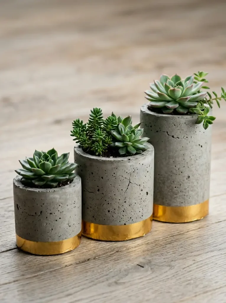 Concrete And Gold Planters Three gray concrete plant pots with bright gold bottoms holding green succulents on a wooden floor.