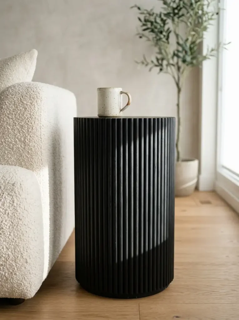Black Fluted Cylinder Side Table Matte black cylindrical side table made from vertical wooden dowels placed beside a cream sofa