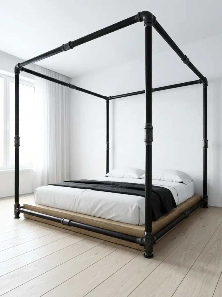 Minimalist canopy bed frame built from matte black iron plumbing pipes in a white room.